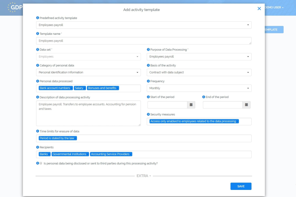 screenshot of GDPR Register
